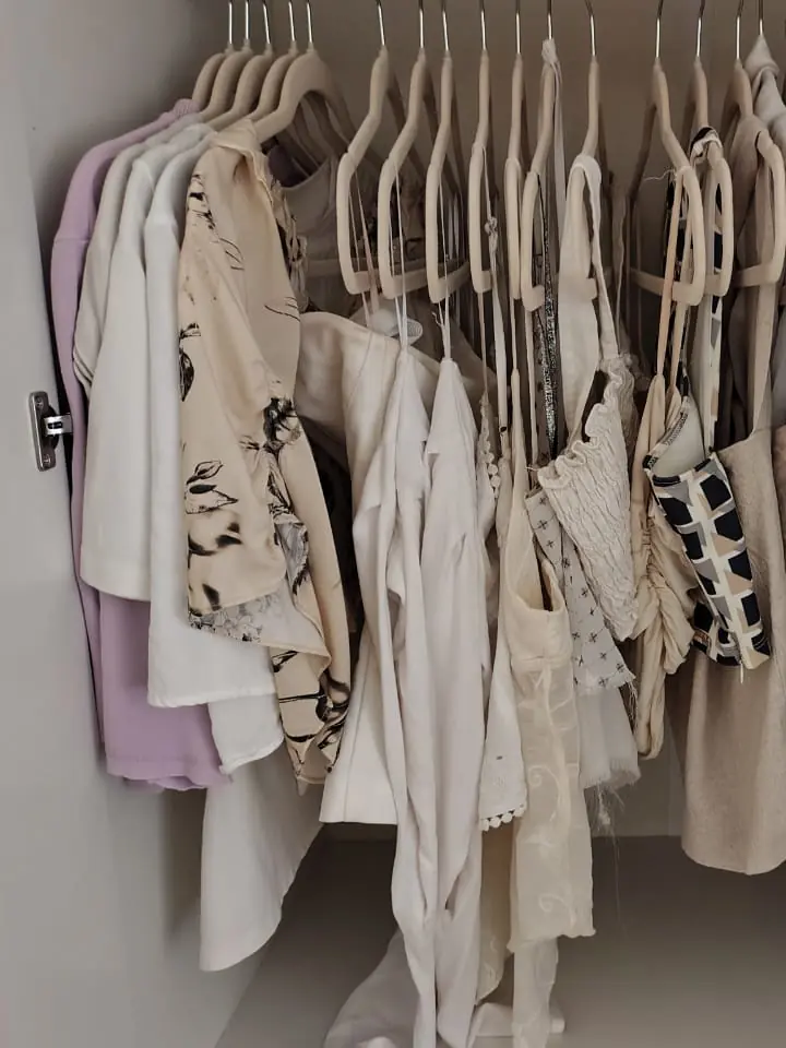 Blusas penduradas em cabides iguais, separadas por cor