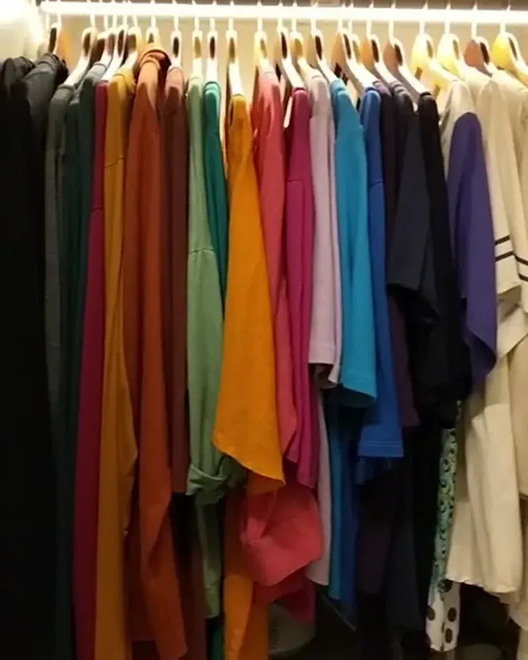 Roupas penduradas por cor em cabides iguais