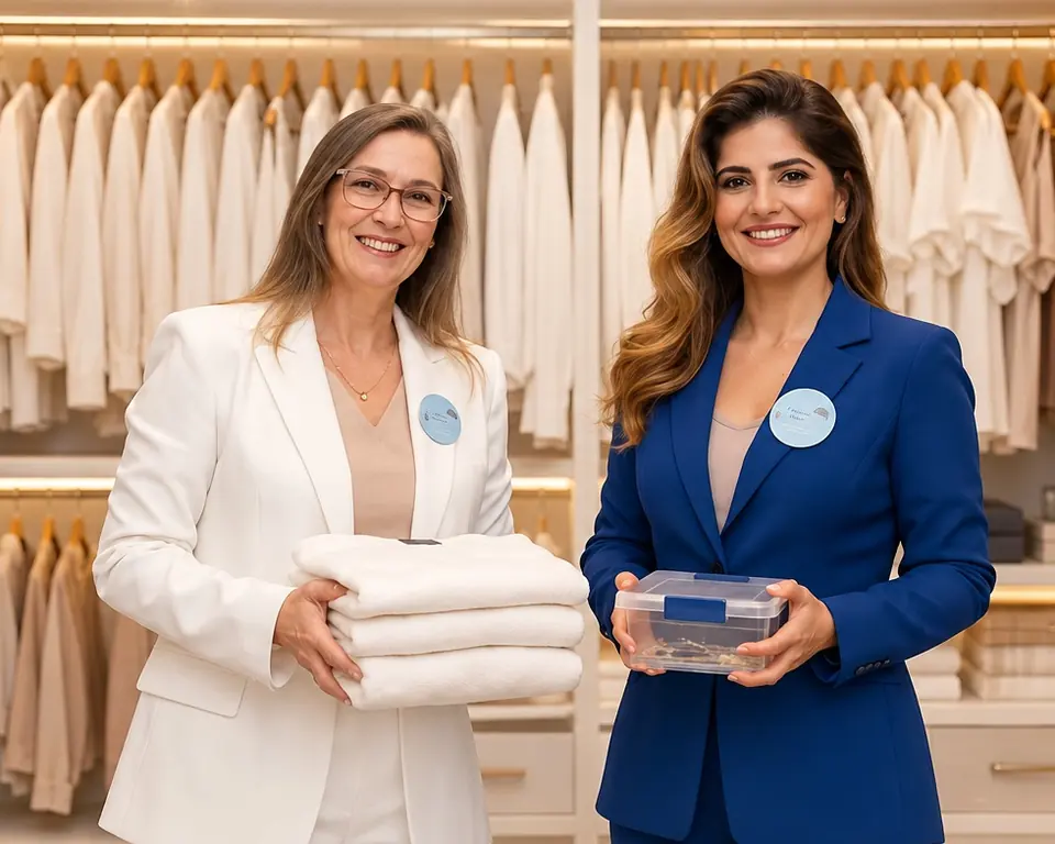 Márcia e Tereza em um closet com roupas organizadas por cor